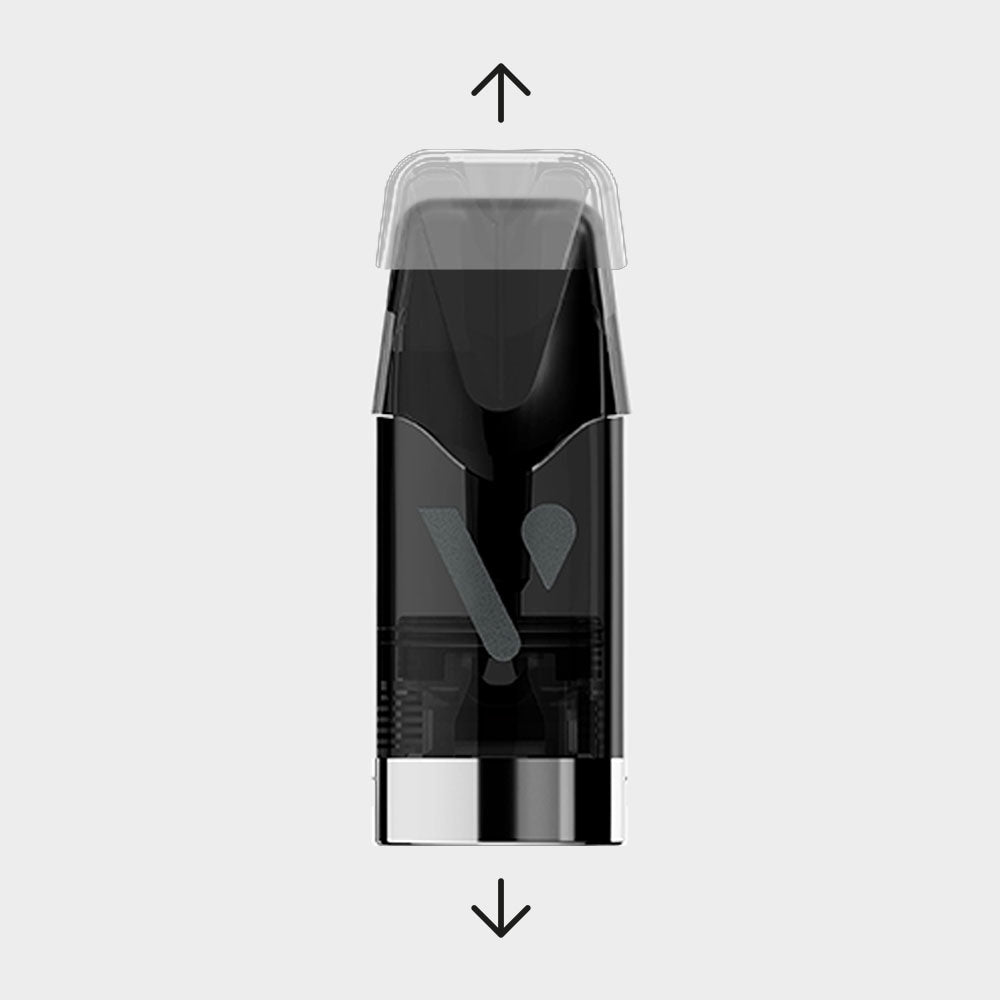 A black vape pod cartridge with a transparent mouthpiece is shown upright on a grey background. Black arrows above and below indicate an up and down motion for inserting or removing the pod.