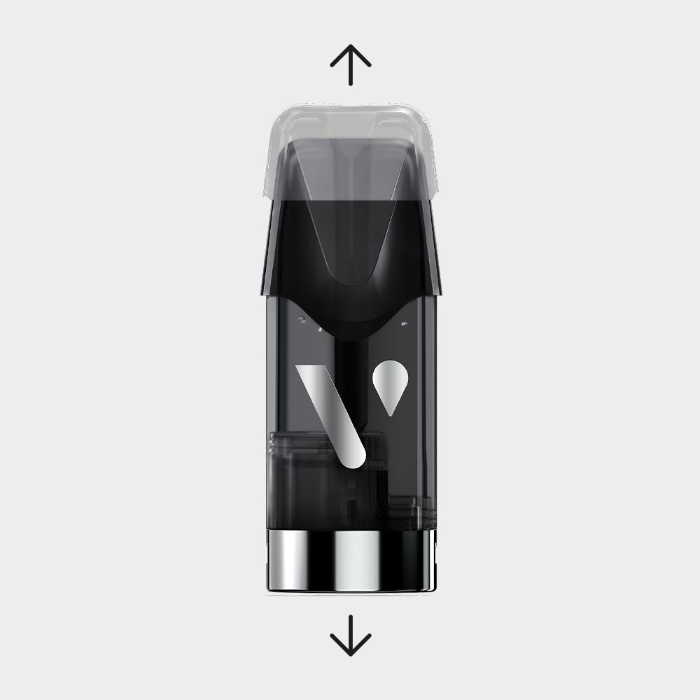 A black and transparent vape pod with a clear mouthpiece, displayed vertically on a light gray background. Black arrows above and below indicate upward and downward directions.