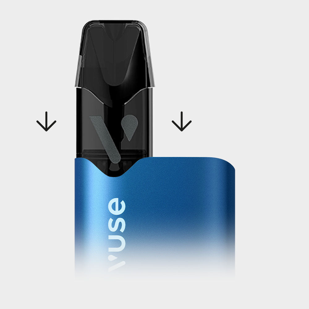 A close-up of a blue Vuse vape device with a black cartridge being inserted from above, indicated by two downward arrows on either side.