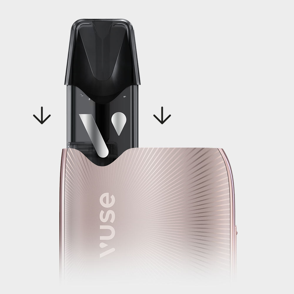 A close-up of a rose gold Vuse vape device with its black cartridge being inserted, shown with two downward arrows indicating the direction of insertion.
