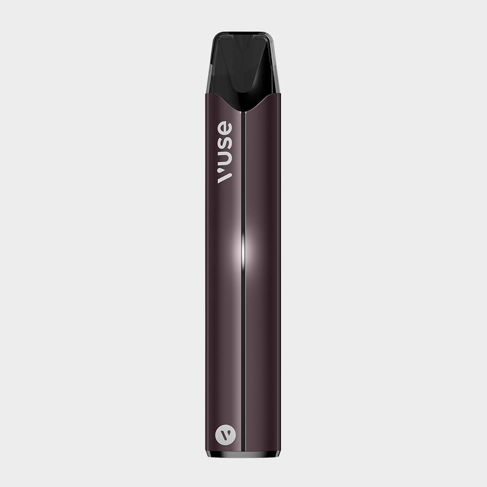 A sleek, metallic Vuse vape pen with a black mouthpiece, standing upright on a plain light grey background. The brand name Vuse is printed vertically near the top.