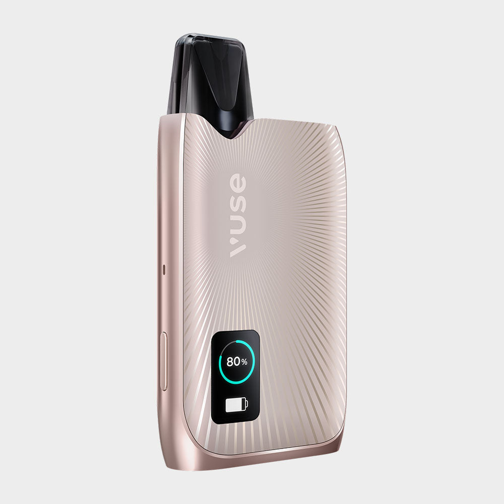 A metallic Vuse vape device with a black mouthpiece, ridged texture, and a digital display showing battery at 80%, against a light gray background.