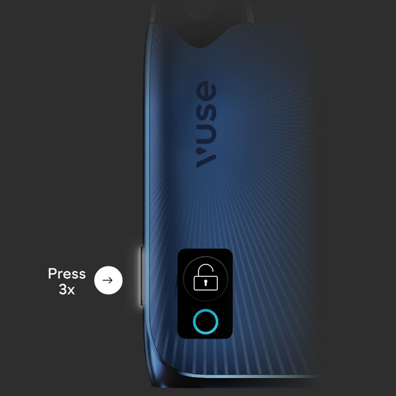 Close-up of a blue Ultra device with a lock icon on a dark background