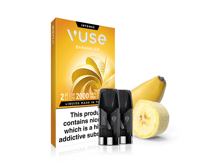 A Vuse Banana Ice vape pod pack is shown with three vape pods in front, alongside a whole banana and a banana slice, on a white background. The packaging is yellow with a banana graphic.