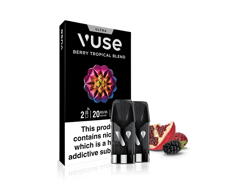 Vuse berry tropical blend vape device packaging with product and fruit illustration on a white background