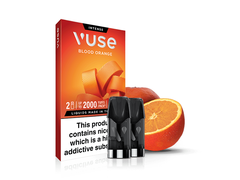 A Vuse Blood Orange vape cartridge pack with three cartridges in front, next to a whole and a half blood orange, on a white background. Warning text about nicotine is visible on the packaging.