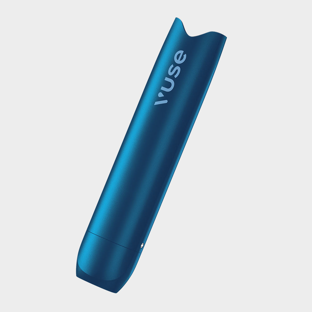 A sleek blue Vuse vape pen is shown upright at an angle against a plain white background, with the brand name Vuse printed in white on its side.