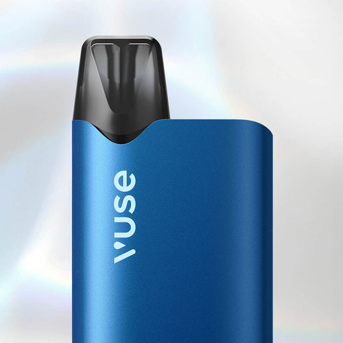 A close-up of a blue Vuse vape device with a black mouthpiece against a light, blurred background. The word Vuse is printed vertically in white on the device.