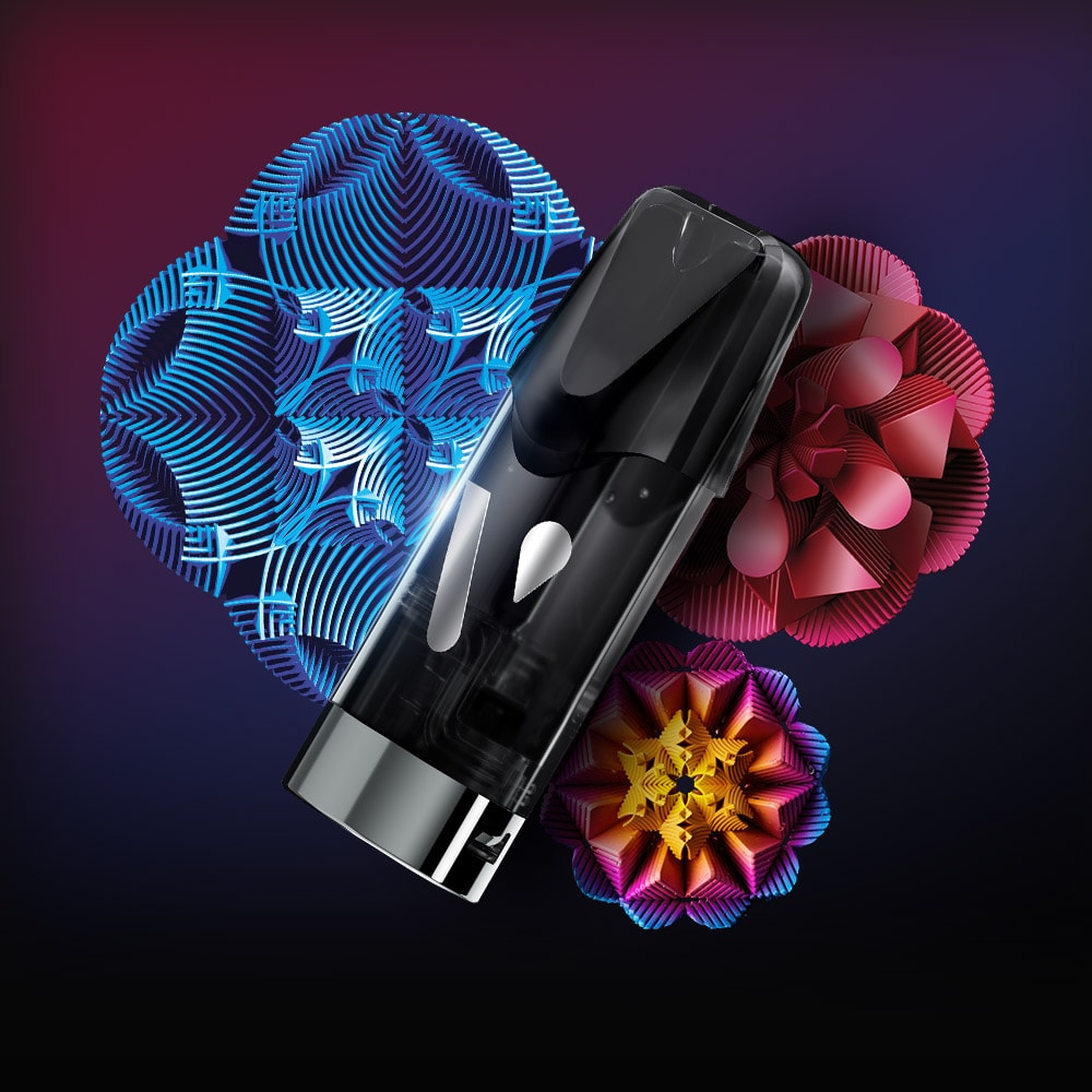 A Vuse pod set against a background of floral graphics.
