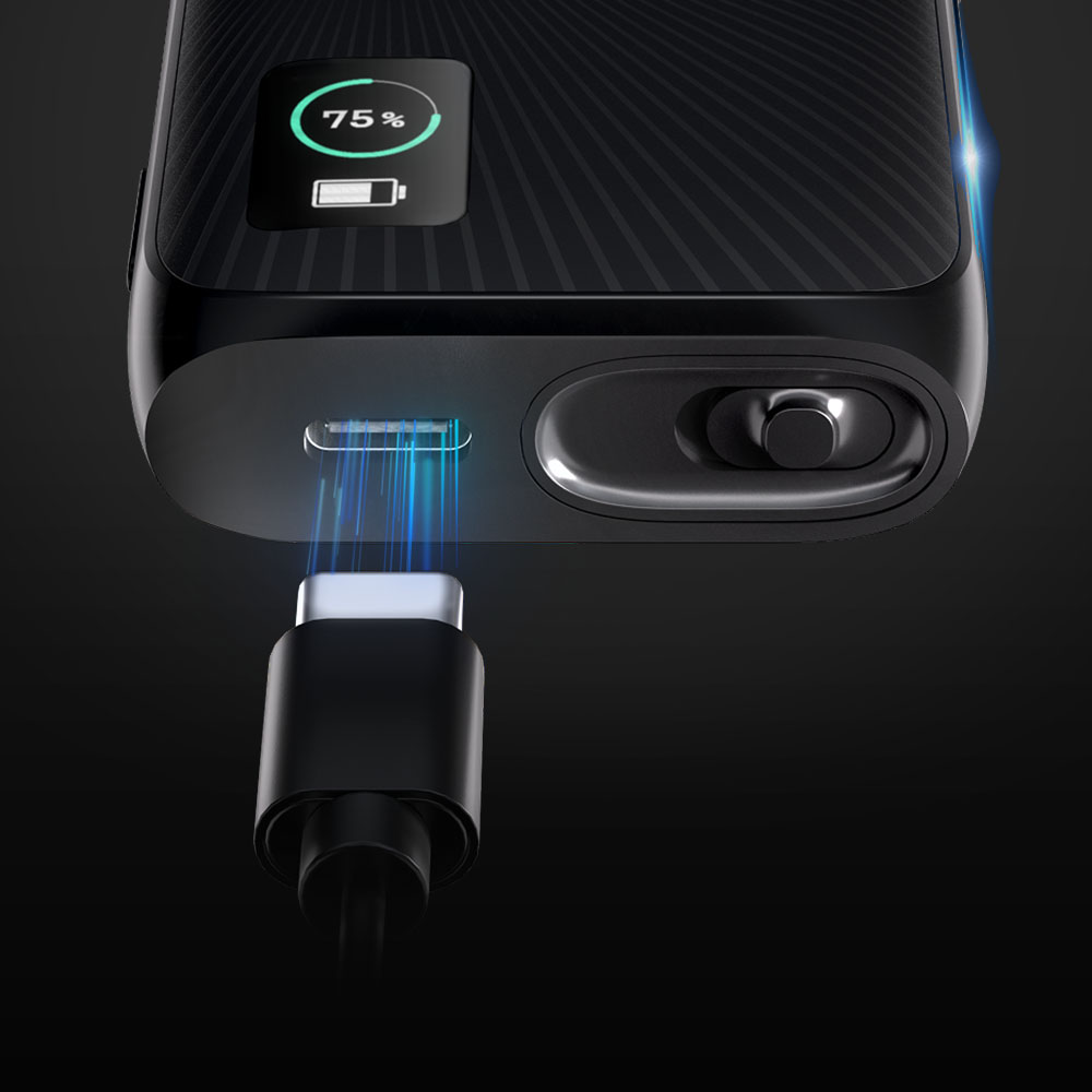 Close-up of a device being charged via a USB-C cable, with a digital battery indicator on the devices surface showing 75% charged. Blue light effects highlight the charging connection.