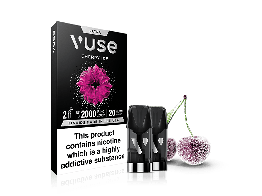 Cherry Ice Ultra Smart Pod packaging features a pink flower design, includes two pods and two frosty cherries. Warning: This product contains nicotine, which is highly addictive.