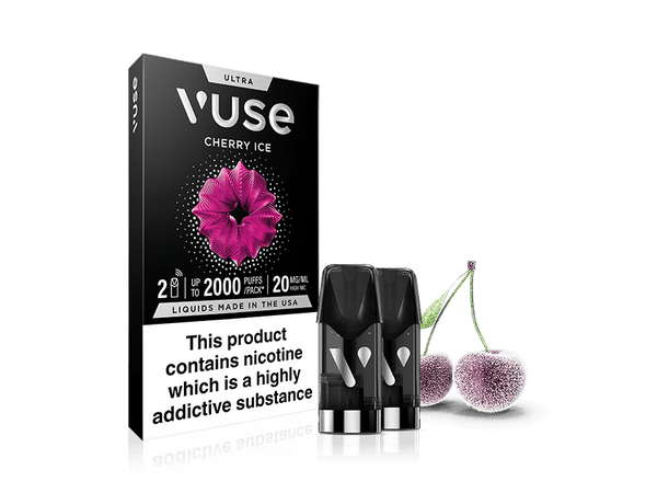A Vuse Cherry Ice Ultra Smart Pod box is shown beside two black pods and two frosty cherries. The packaging states: This product contains nicotine which is a highly addictive substance. Compatible with the MyVuse App.