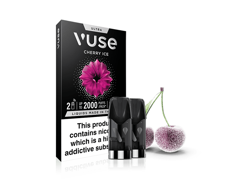A Vuse Cherry Ice vape pod pack with two black pods in front, featuring a pink flower and two frosty cherries on the packaging, along with a nicotine warning label.