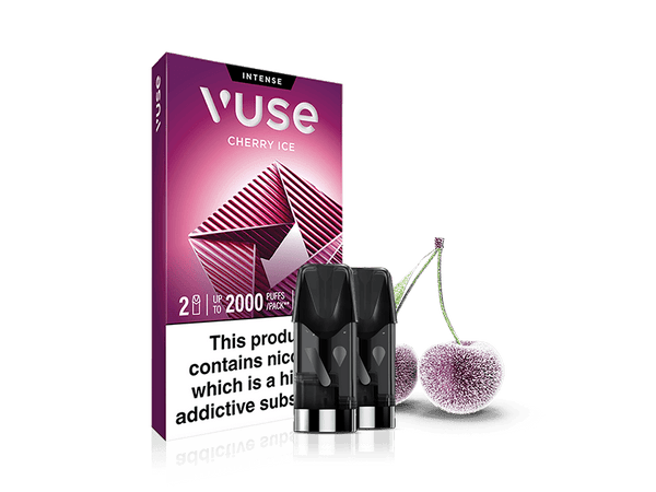 A pack of Vuse Cherry Ice Extra Intense Flavour Pods is displayed with two e-liquid pods and frosty cherries beside the purple, geometric-themed box, which includes product info and is compatible with Vuse PRO.