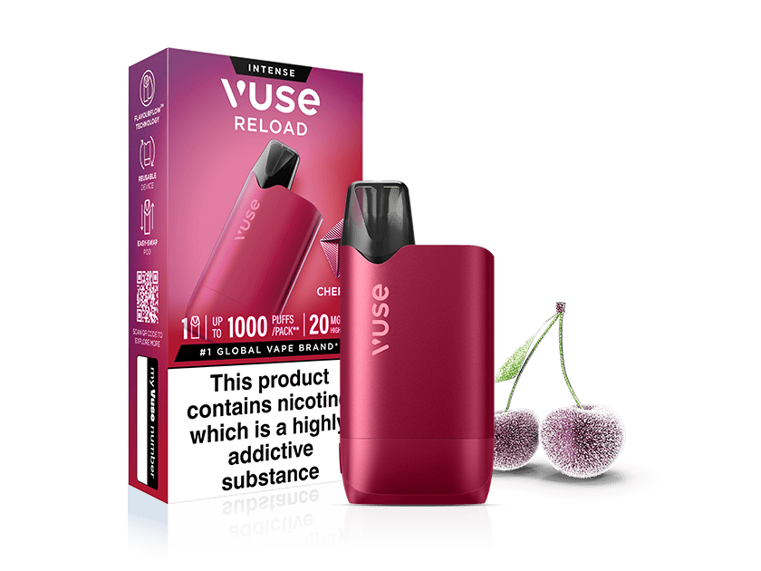 A Cherry Ice Vuse Reload Box vape by Vuse is displayed with its packaging beside two frosted cherries. The box features FlavourFlow technology, product specs like nicotine content, and a warning about nicotine addiction.