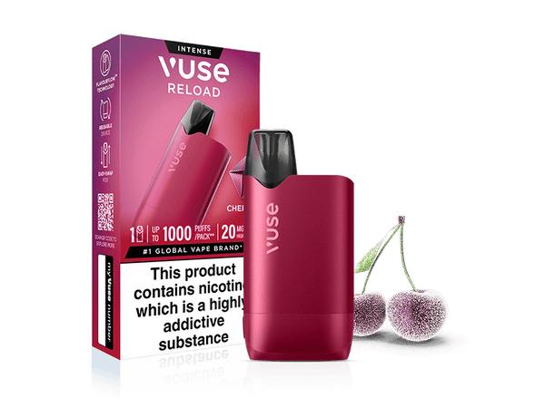 A Cherry Ice Vuse Reload Box vape by Vuse is displayed with its packaging beside two frosted cherries. The box features FlavourFlow technology, product specs like nicotine content, and a warning about nicotine addiction.