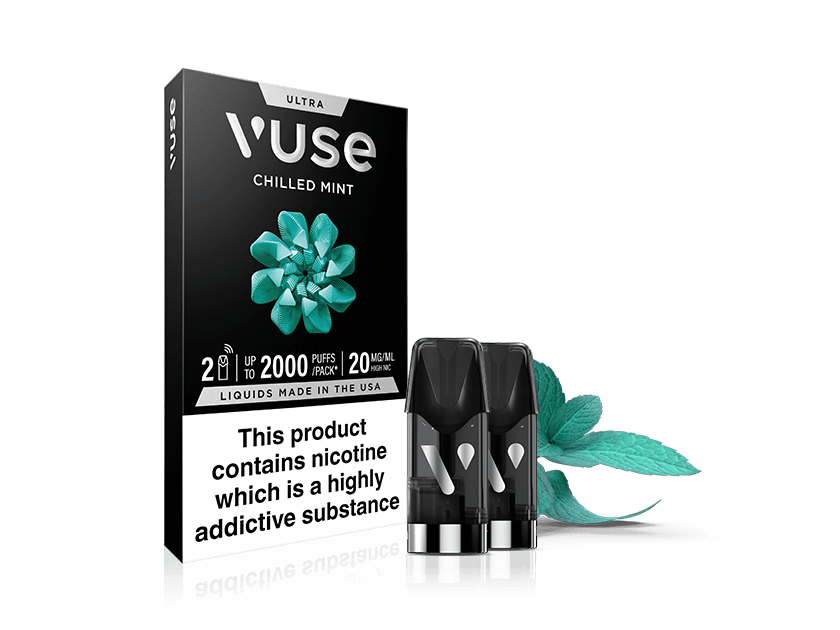 A Chilled Mint Ultra Smart Pod pack with two cartridges and mint leaves is shown. The packaging states, "This product contains nicotine which is a highly addictive substance.