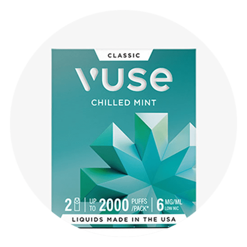 A Vuse Chilled Mint vape package featuring a blue-green geometric mint leaf design. The box highlights Classic, Up to 2000 puffs/pack, 6 mg/mL, and Liquids made in the USA.