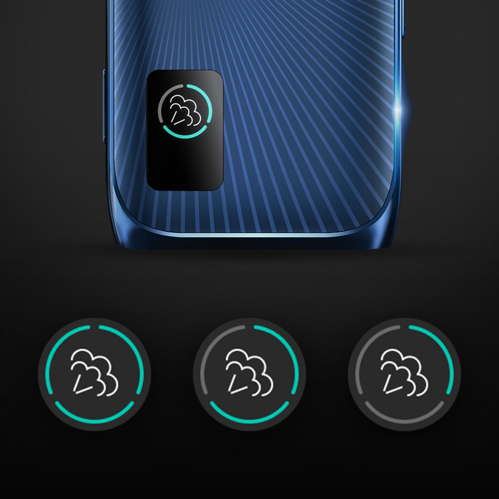 A close-up of a blue device with a cloud icon on its back. Below the device are three cloud icons in circles, each with a different segment of a green progress ring completed.