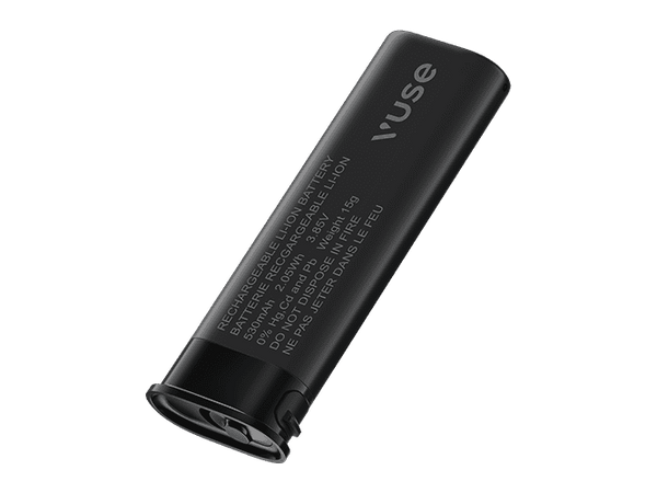 A Vuse Ultra Replacement Battery by Vuse, black and rechargeable with a lithium-ion cell, lies on its side displaying white-printed specifications and warnings.