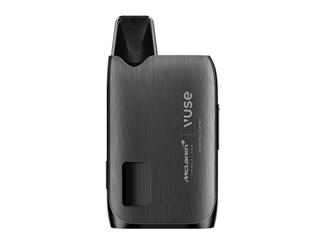 The Vuse Ultra Device Kit McLaren by Vuse is a limited edition vape with a sleek, metallic black curved design, a visible top mouthpiece, and a small window near the base.