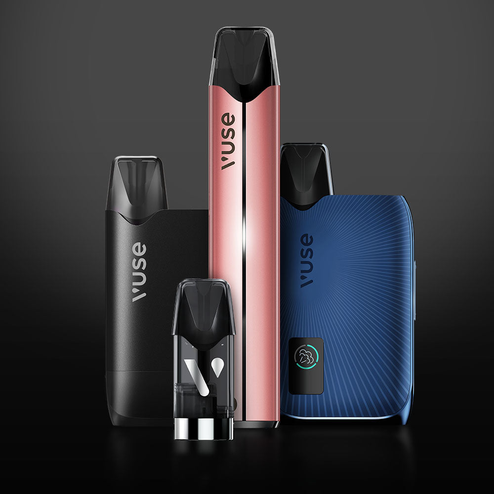 Four Vuse vape devices in black, pink, and blue are displayed upright on a dark gradient background, showcasing different shapes and designs, including a removable cartridge in the front.