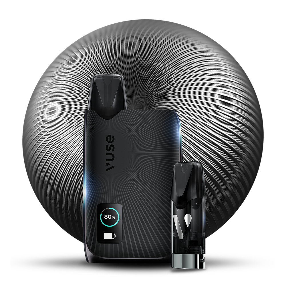 A black Vuse vaping device with an 80% battery indicator and a separate cartridge are displayed in front of a sleek, circular black and silver patterned background.