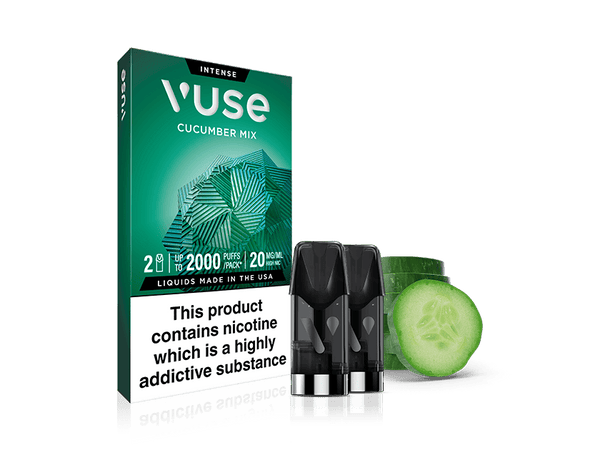 A box of Vuse Cucumber Mix Extra Intense Flavour Pods is shown with three pods in front and cucumber slices beside them. The box displays a nicotine warning and promotes its smooth nic salts formula.