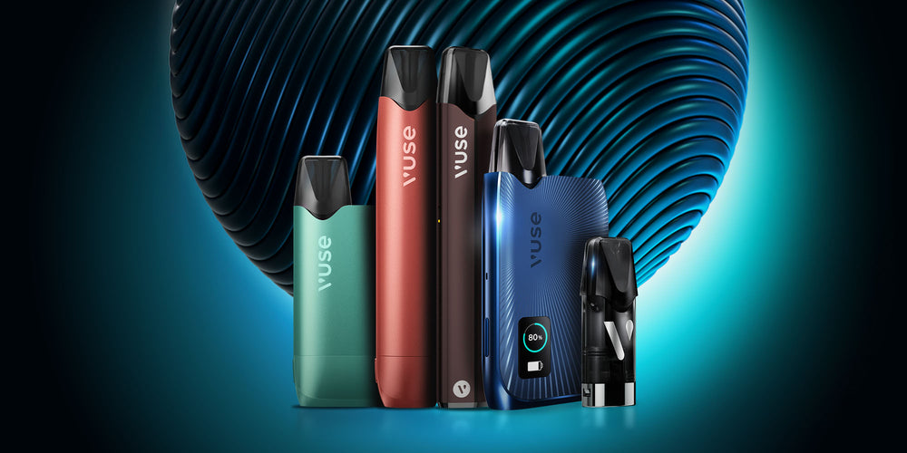 Five colorful Vuse vape devices and a vape pod are displayed standing upright against a futuristic blue and black abstract background. The devices are in green, red, black, and blue tones.