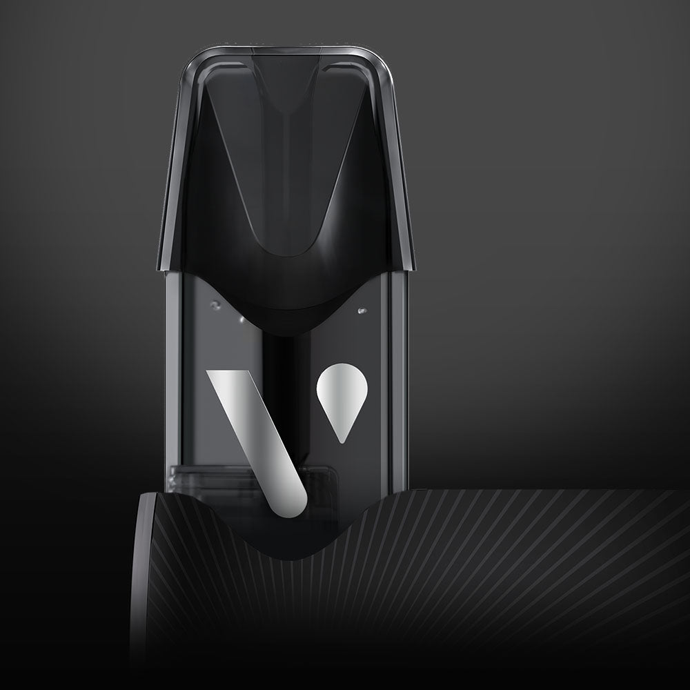 Close-up of a sleek, black vape device with a semi-transparent mouthpiece and a modern, minimalistic “V” logo on the front, set against a dark background with subtle radial lines.