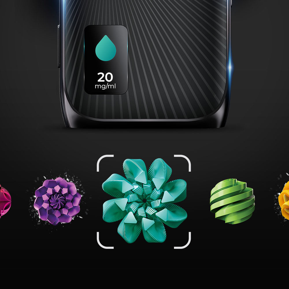 Close-up of a black device displaying a blue droplet icon and 20 mg/ml. Below, five colorful geometric flower-like shapes—purple, pink, teal (centered in a focus frame), green, and orange—are shown on a black background.