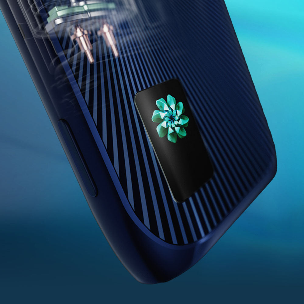 Bottom of Blue Ultra device on a blue gradient background