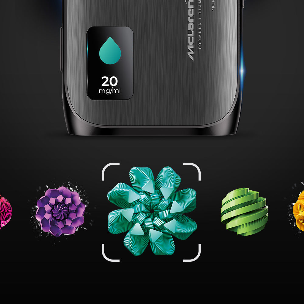 A close-up of a sleek vaporizer device displaying 20 mg/ml with a teal droplet icon, above five colorful, geometric flower-like shapes on a black background.
