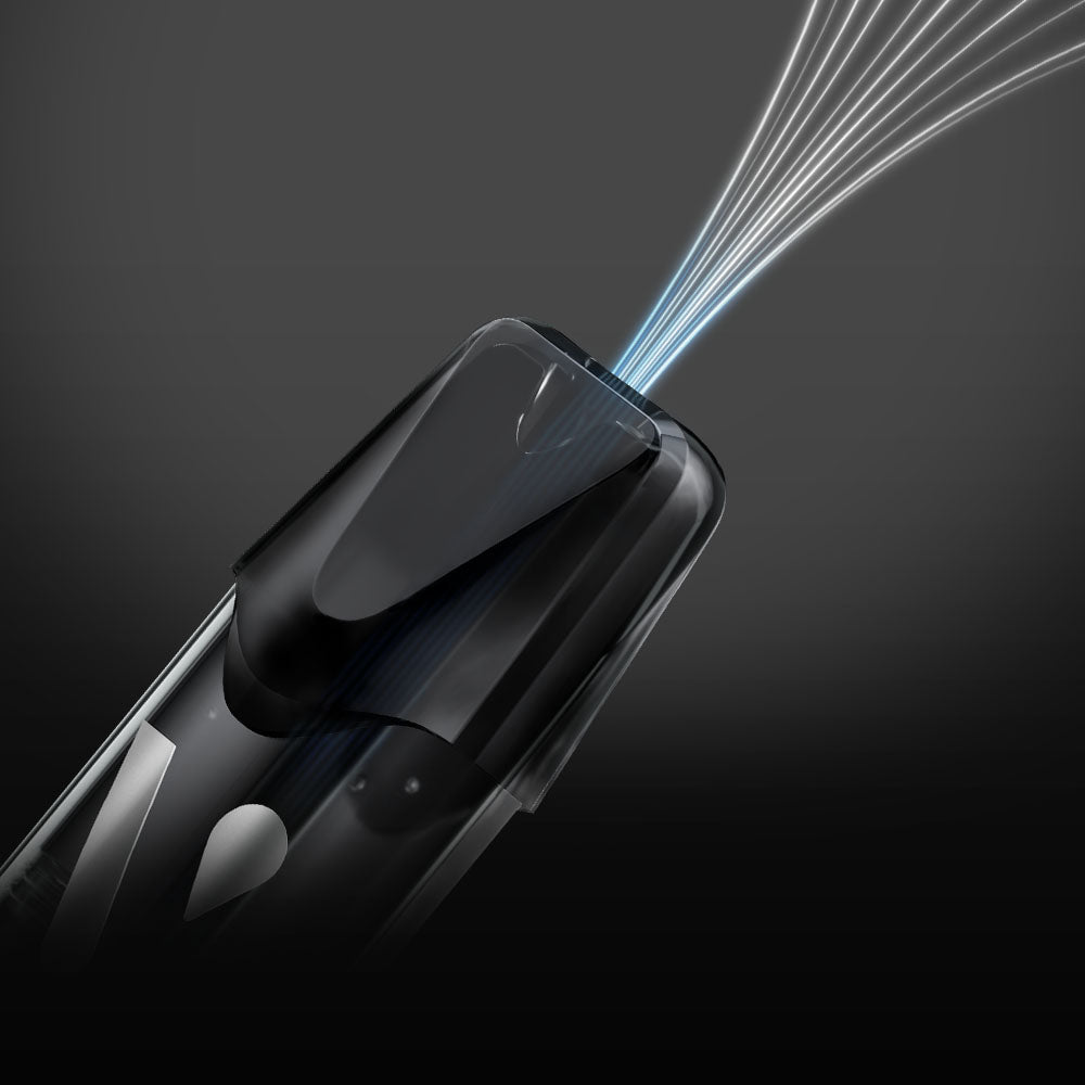 Close-up of a sleek black electric shaver emitting blue and white lines from its top, suggesting advanced technology or airflow, against a dark gradient background.