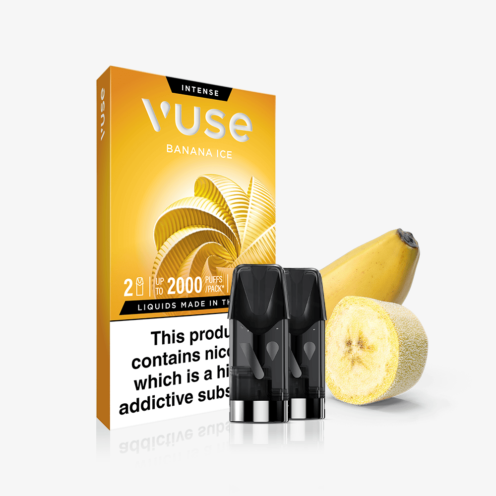 A Vuse Banana Ice Vuse Extra Intense Flavour Pods box with two pre-filled pods is displayed in front of a whole banana and a slice, set against a crisp white background.