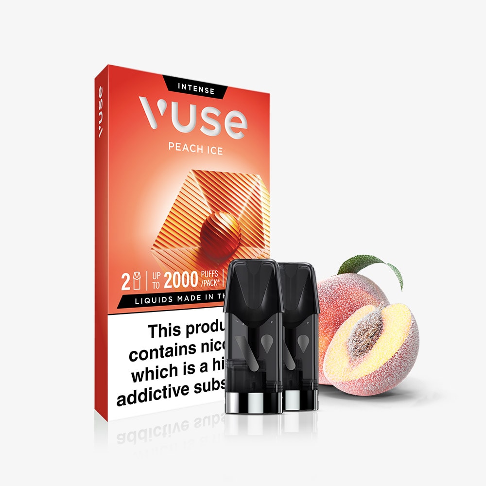 Peach Ice Vuse Extra Intense Flavour Pods packaging, featuring two Vuse PRO compatible pods in front and a whole peach with a cut half beside them; packaging displays product details and nicotine warning.