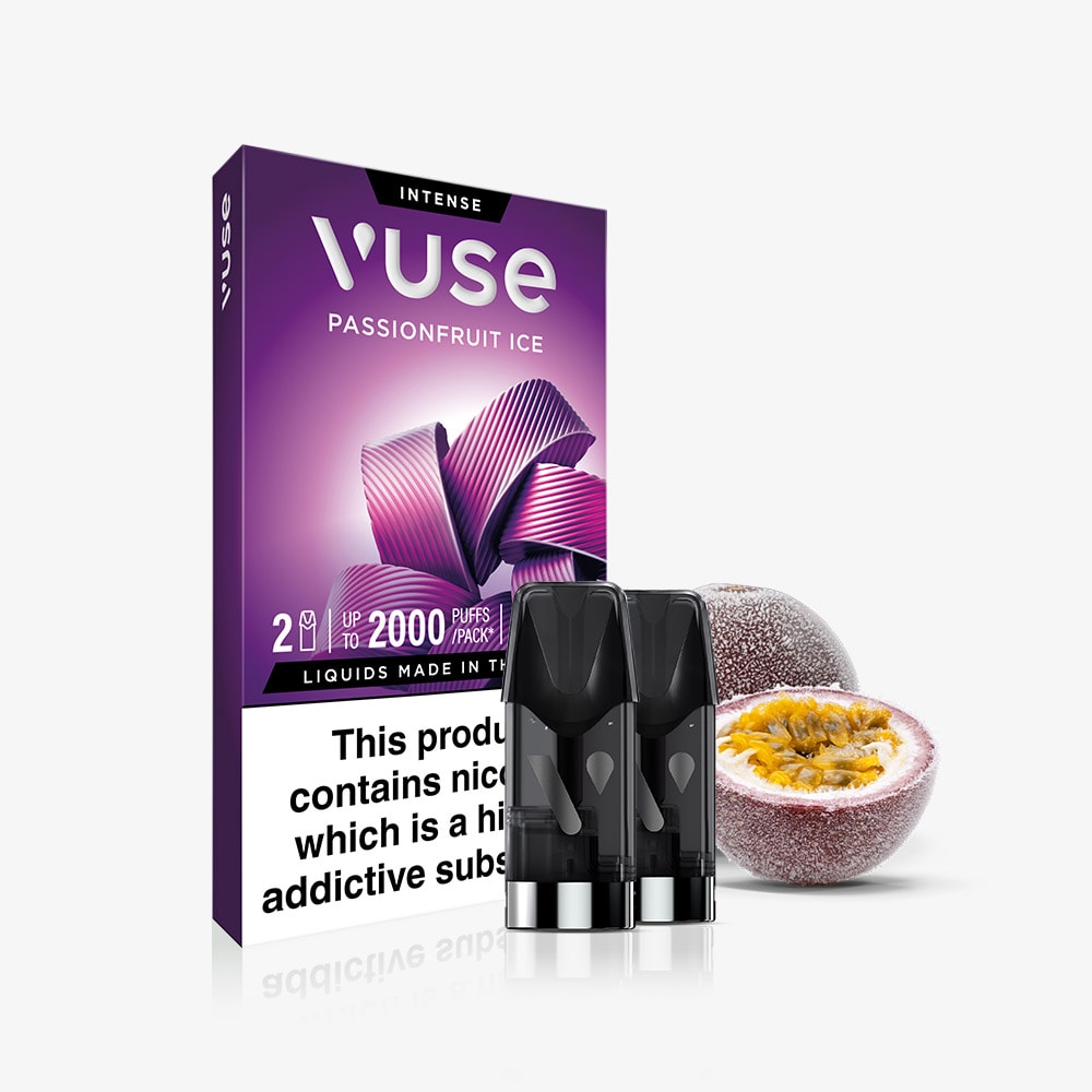 A pack of Vuse Passionfruit Ice Extra Intense Flavour Pods with two pre-filled e-liquid pods is displayed beside whole and halved passionfruit. The purple packaging features abstract graphics, a nicotine warning, and is Vuse PRO compatible.