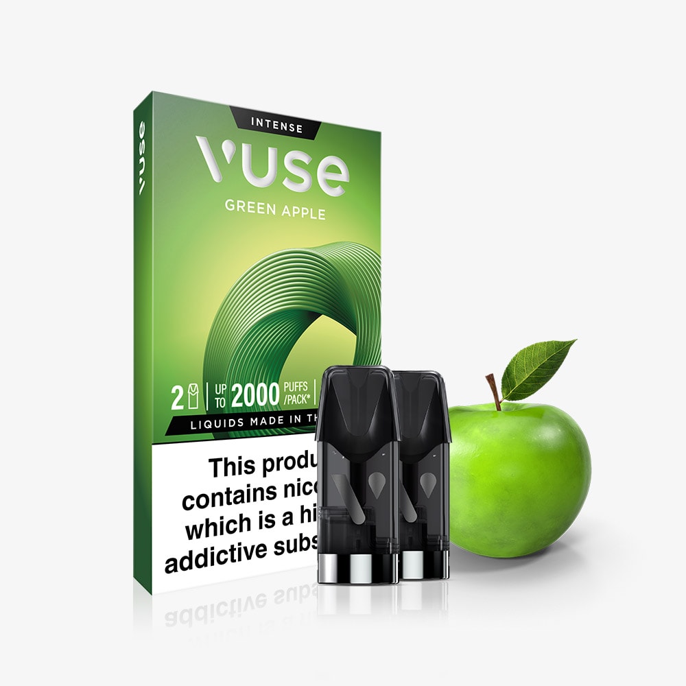 A Vuse Green Apple Extra Intense Flavour Pods box is shown beside two pods and a green apple, with a visible nicotine warning. These pods by Vuse offer PRO compatibility for convenient use.