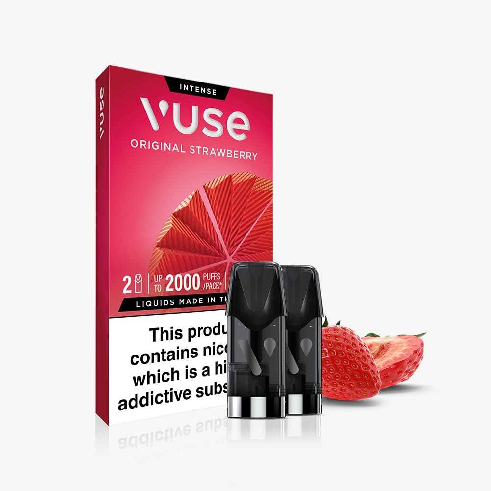 A Vuse Original Strawberry Vuse Extra Intense Flavour Pods box showcases stylized fruit art, two black Vuse pods with strawberry e-liquid, a sliced strawberry, and displays a nicotine warning label. Brand: Vuse.