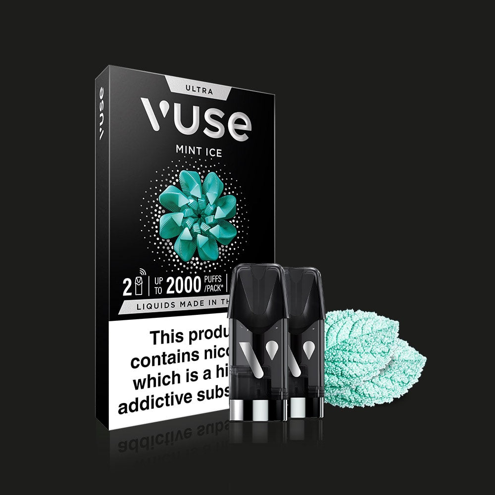The image displays a Vuse Mint Ice Ultra Smart Pod pack featuring two pods, a mint illustration, fresh mint leaves, and a nicotine warning label on a black background—ideal for an ultra-cool vaping experience.