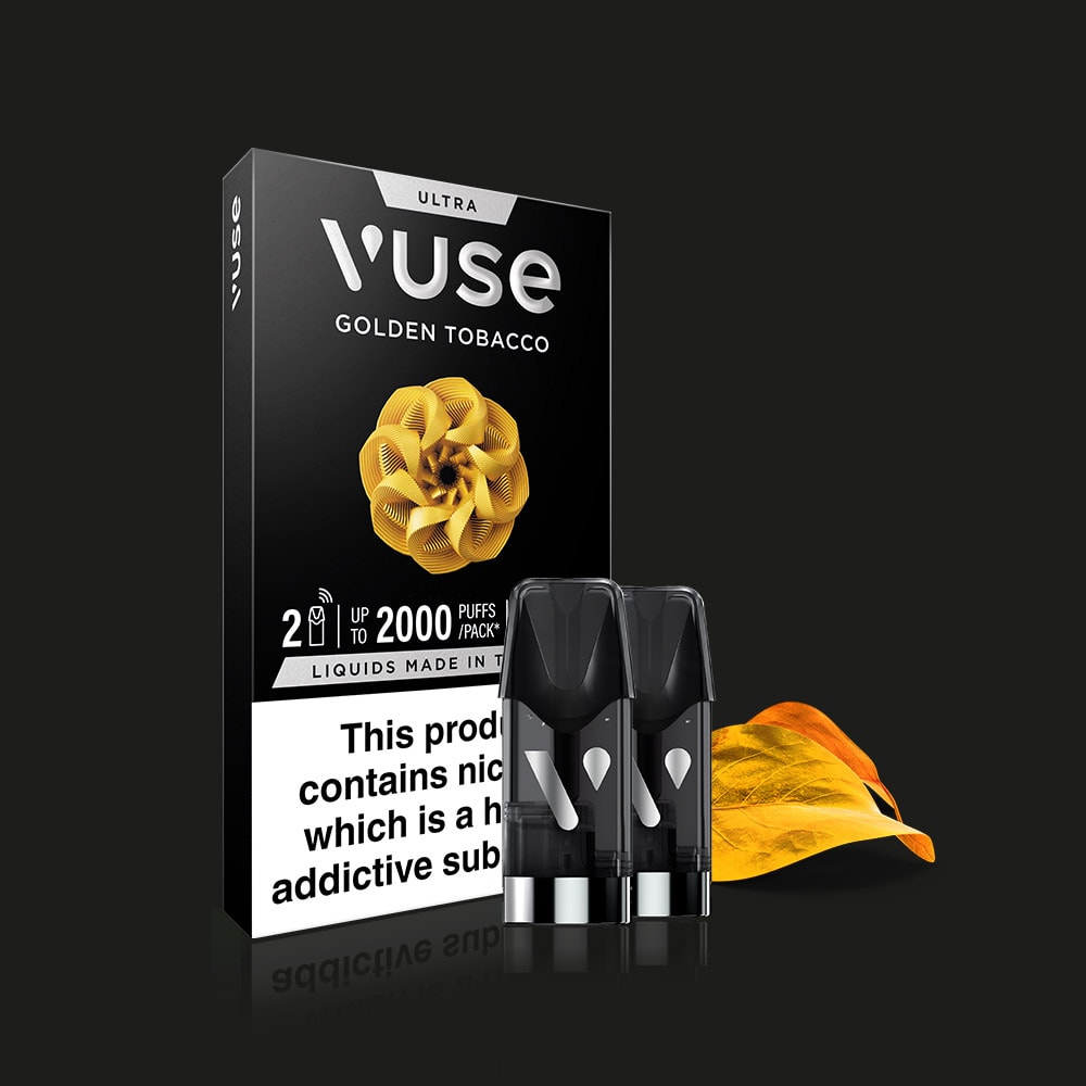A Vuse Golden Tobacco Ultra Smart Pod pack with two pods in a black and gold box featuring a yellow tobacco leaf. The packaging highlights golden tobacco flavour nic salts and warns that nicotine is an addictive substance.