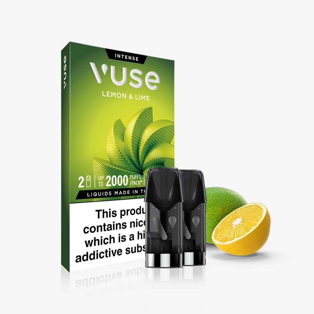 Lemon & Lime Vuse Extra Intense Flavour Pods packaging with two pre-filled pods displayed in front, next to a whole lime and half a lemon. The Vuse box features a visible nicotine warning label.