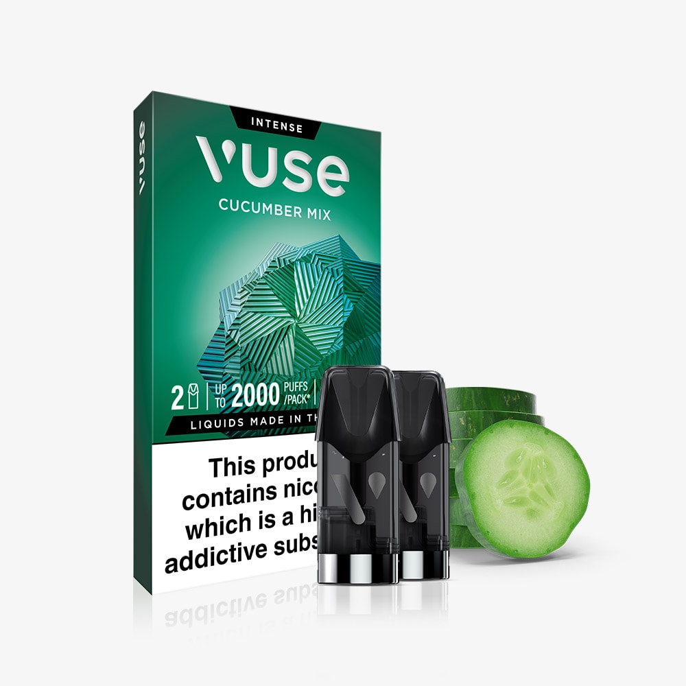 Two black, pre-filled Cucumber Mix Vuse Extra Intense Flavour Pods stand before green Vuse packaging with cucumber slices, all on a white background.