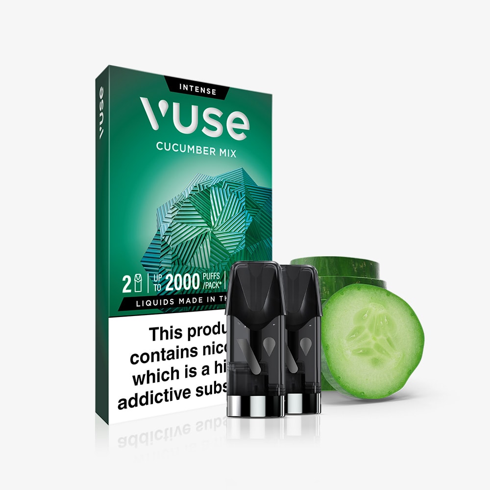 A Cucumber Mix Vuse Extra Intense Flavour Pods pack with two pre-filled pods is displayed in front of the box, with a sliced cucumber beside them to highlight the refreshing flavor. The packaging shows a partially visible health warning label.
