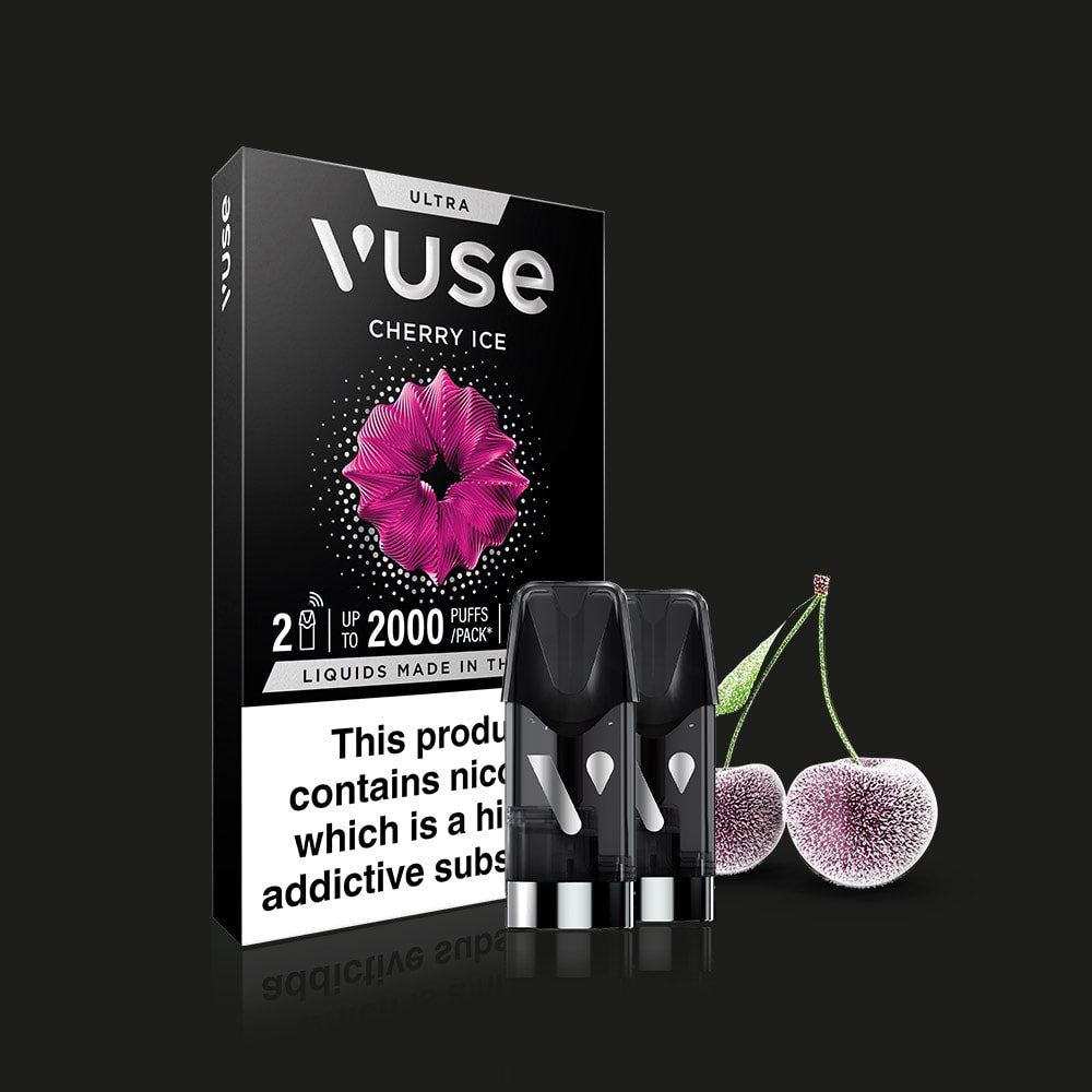 Vuse Cherry Ice Ultra Smart Pod packaging features a pink flower, two pods, and frosted cherries against a black background. Box shows partial warning label. Enjoy enhanced taste with Flavour AutoTune technology.