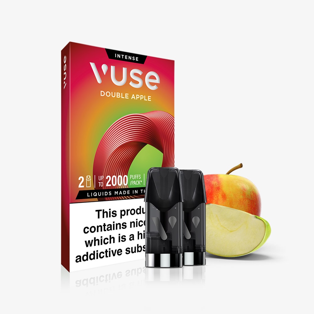 A pack of Double Apple Vuse Extra Intense Flavour Pods by Vuse with two black pre-filled pods in front, a sliced apple beside them, and packaging displaying red and green lines plus a nic salts nicotine warning label below.