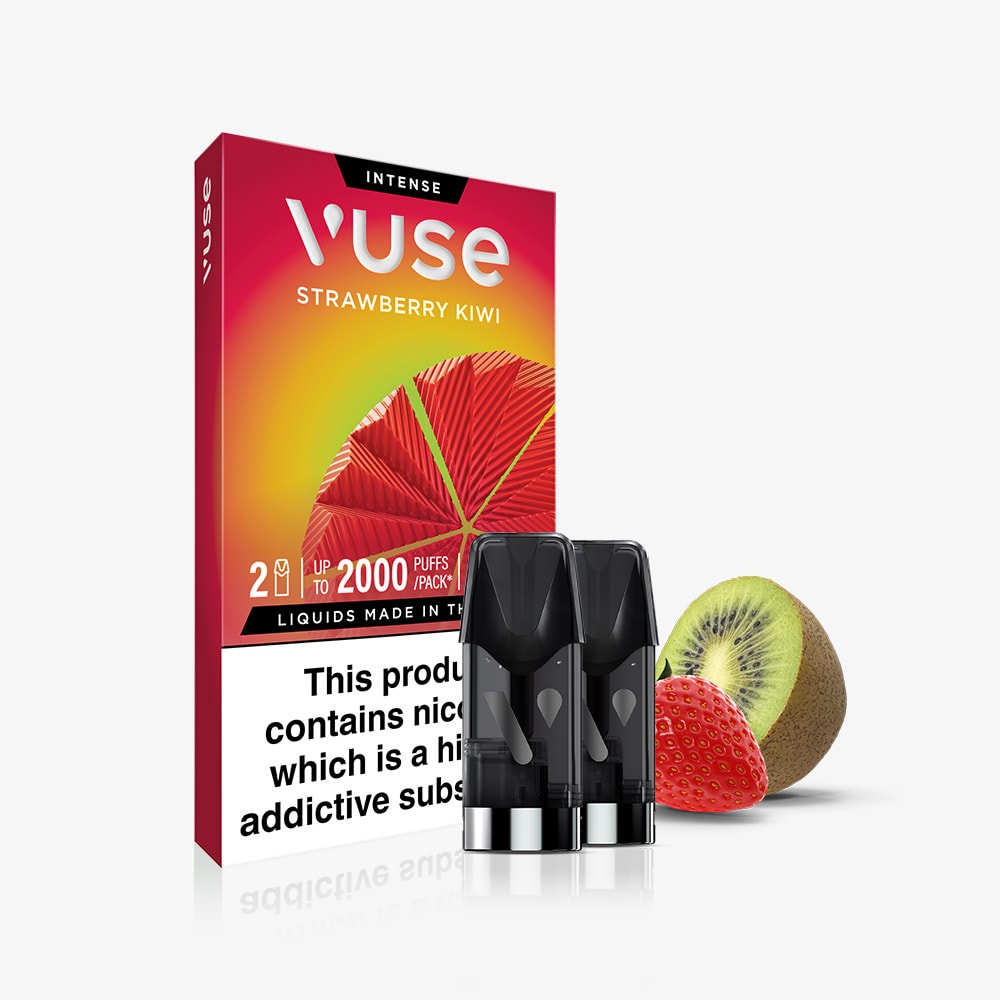 A pack of Strawberry Kiwi Vuse Extra Intense Flavour Pods by Vuse is shown with two pods in front, sliced kiwi and strawberry, and a nicotine warning label.