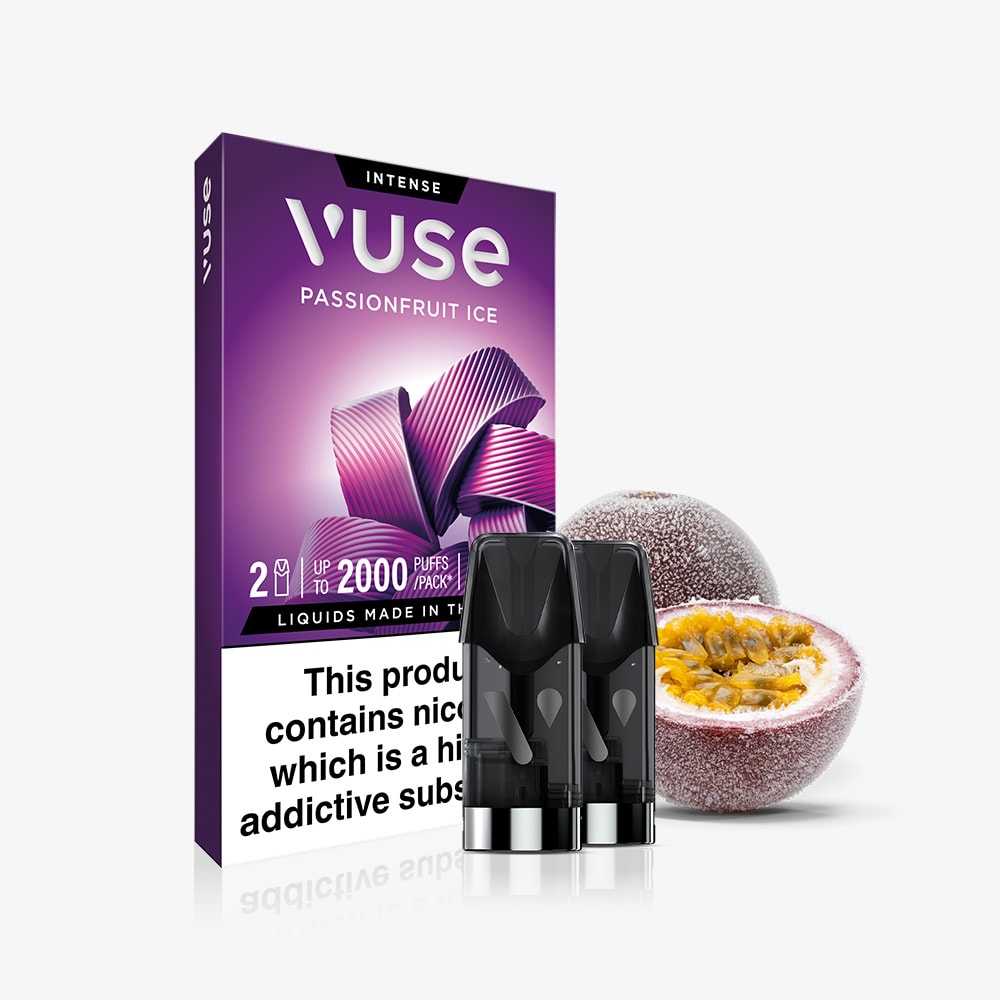 Passionfruit Ice Vuse Extra Intense Flavour Pods by Vuse, two pre-filled pods shown in front of packaging, with whole and half passionfruit beside the box. Includes nicotine warning label. Compatible with Vuse PRO devices.