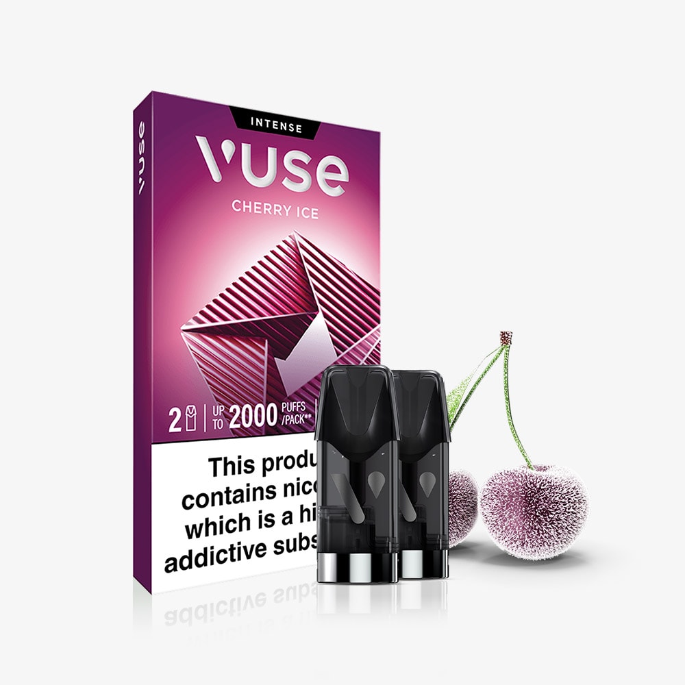 Vuse Cherry Ice Extra Intense Flavour Pods packaging, showing two Vuse PRO compatible pre-filled pods in front and two frosty cherries. The purple and white box features a nicotine warning.