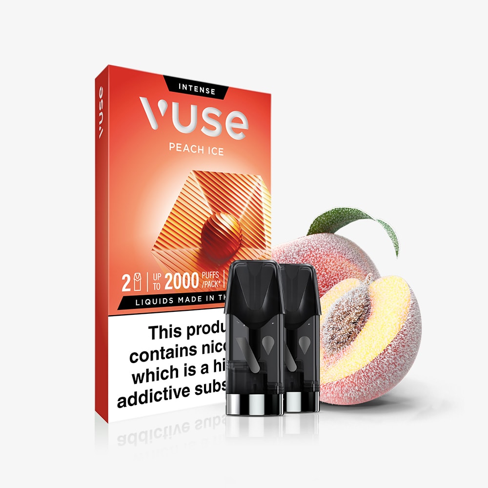 A pack of Peach Ice Vuse Extra Intense Flavour Pods with two black pods is shown beside a whole and sliced peach on a white background. The orange packaging highlights the pre-filled e-liquid pods and product details.
